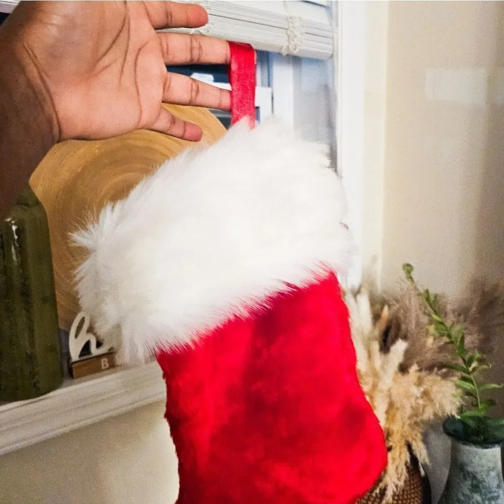 Set Of 2 Retro Fuzzy Cloth Red & White Christmas Holiday Stocking.